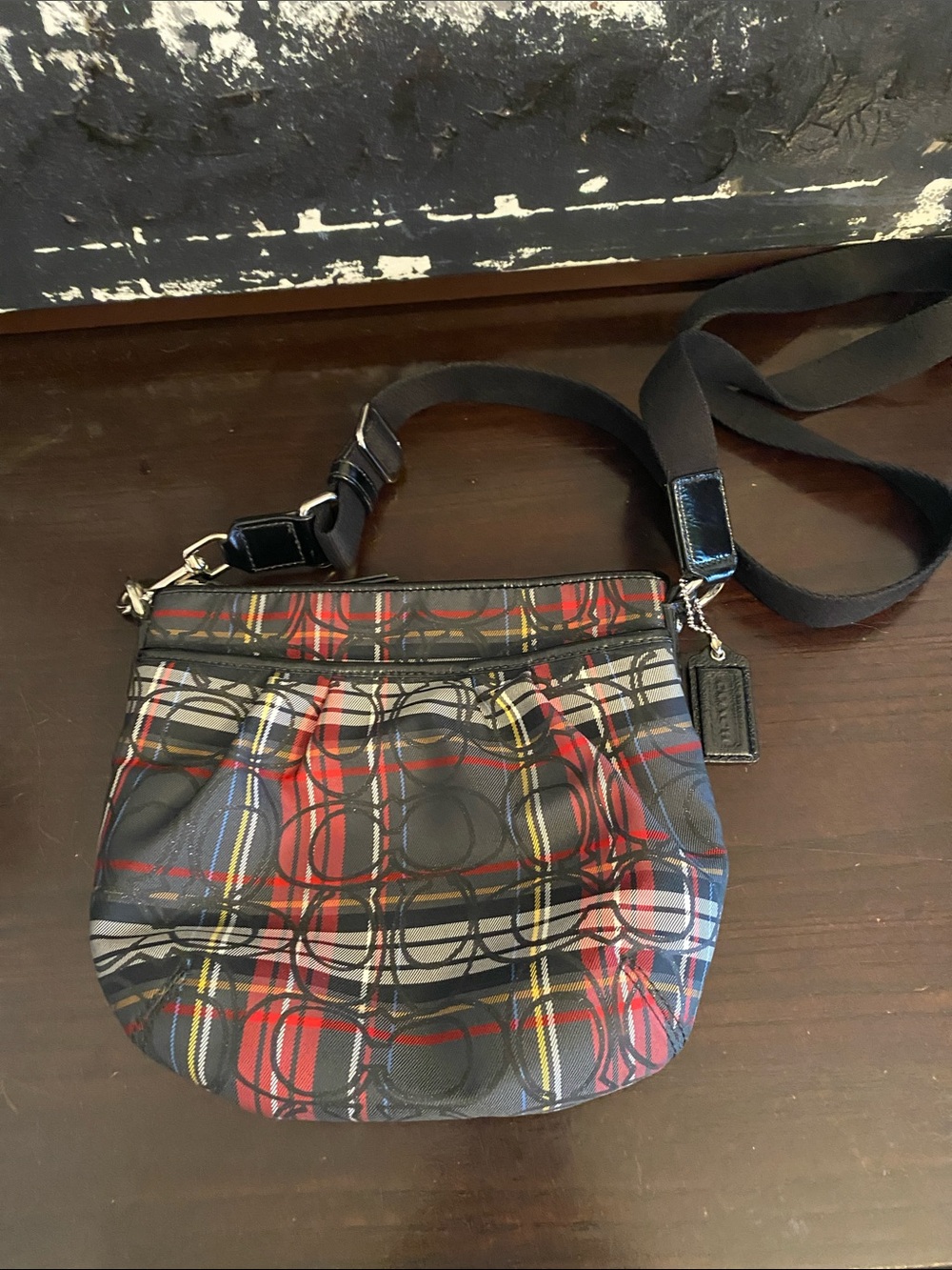 Authentic Coach Poppy Signature Tartan Plaid Canvas Crossbody Patent Leather